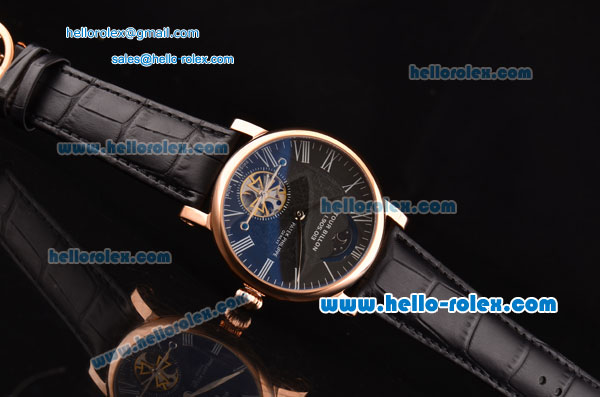 Patek Philippe Complications ST22 Automatic Rose Gold Case with Roman Numeral Markers Black Dial and Black Leather Strap - Click Image to Close